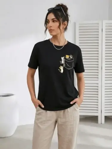 Sevimli Kedi Cep Baskılı Tişört Kısa Kol Yazlık T-Shirt - Siyah - 1