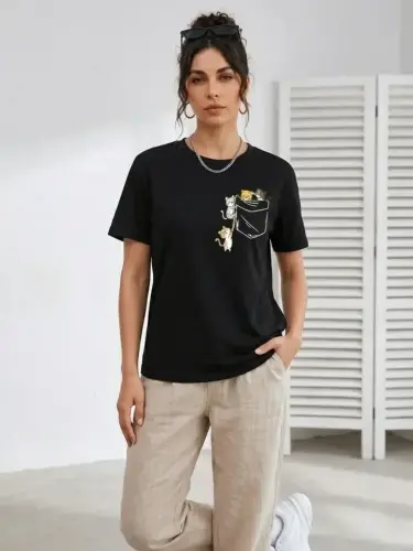Sevimli Kedi Cep Baskılı Tişört Kısa Kol Yazlık T-Shirt - Siyah - BÜYÜKBEDENIZ (1)