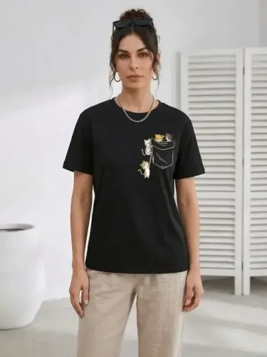 Sevimli Kedi Cep Baskılı Tişört Kısa Kol Yazlık T-Shirt - Siyah - 3