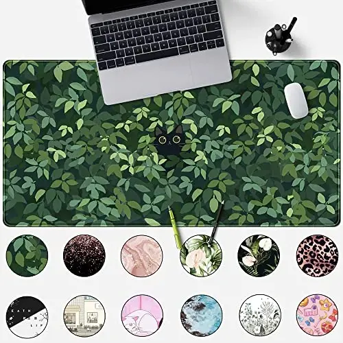 Cute Cat Kawaii Green Desk Mat - Large Gaming Mouse Pad & Keyboard Laptop Mat - Anime XL (31.5x15.7 in) - Non-Slip Base, Stitched Edges - MECHANICAL CATTLE (1)