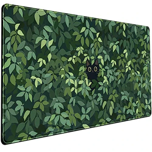 Cute Cat Kawaii Green Desk Mat - Large Gaming Mouse Pad & Keyboard Laptop Mat - Anime XL (31.5x15.7 in) - Non-Slip Base, Stitched Edges 
