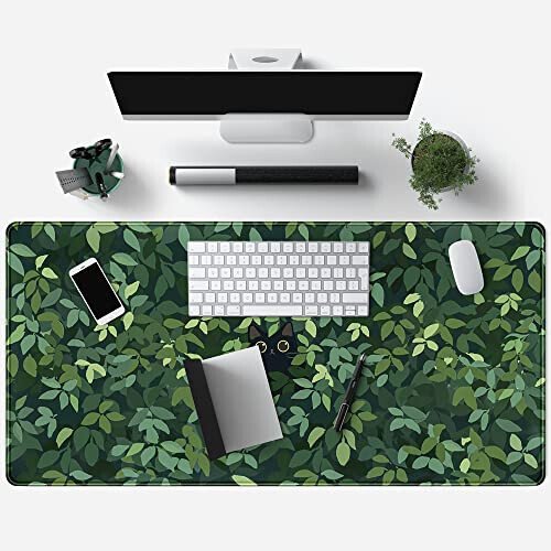 Cute Cat Kawaii Green Desk Mat - Large Gaming Mouse Pad & Keyboard Laptop Mat - Anime XL (31.5x15.7 in) - Non-Slip Base, Stitched Edges - 4