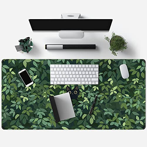 Cute Cat Kawaii Green Desk Mat - Large Gaming Mouse Pad & Keyboard Laptop Mat - Anime XL (31.5x15.7 in) - Non-Slip Base, Stitched Edges - 4