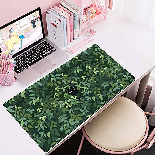 Cute Cat Kawaii Green Desk Mat - Large Gaming Mouse Pad & Keyboard Laptop Mat - Anime XL (31.5x15.7 in) - Non-Slip Base, Stitched Edges - 5