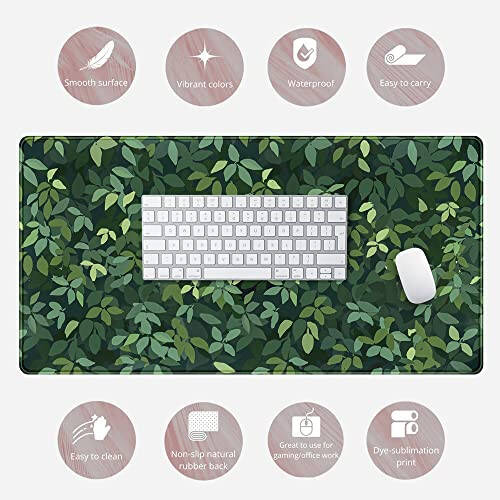 Cute Cat Kawaii Green Desk Mat - Large Gaming Mouse Pad & Keyboard Laptop Mat - Anime XL (31.5x15.7 in) - Non-Slip Base, Stitched Edges - 6