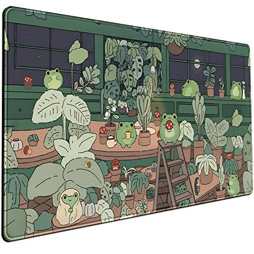 Cute Frog Kawaii Green Desk Decor Mat, Large Gaming Mouse Pad for Computer Keyboard Laptop, Home Office Accessories for Girl (31.5x15.7 in)-with Stitched Edges Pad - 1