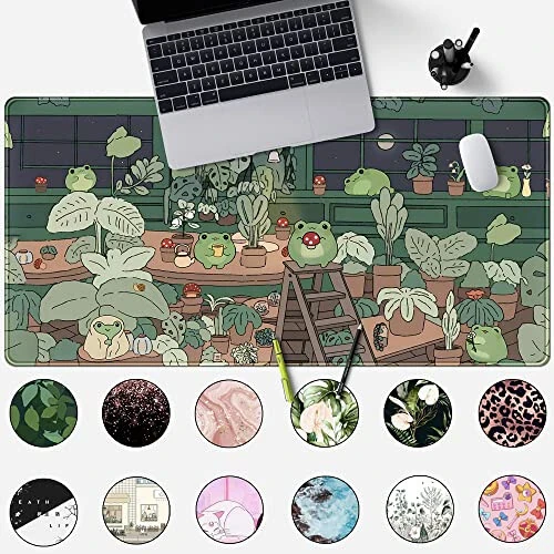 Cute Frog Kawaii Green Desk Decor Mat, Large Gaming Mouse Pad for Computer Keyboard Laptop, Home Office Accessories for Girl (31.5x15.7 in)-with Stitched Edges Pad - Mechanical Cattle (1)
