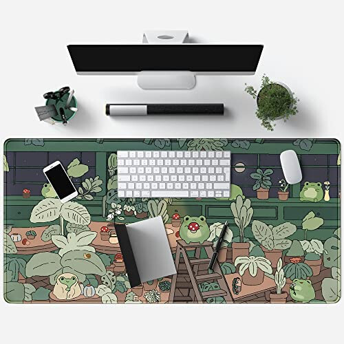Cute Frog Kawaii Green Desk Decor Mat, Large Gaming Mouse Pad for Computer Keyboard Laptop, Home Office Accessories for Girl (31.5x15.7 in)-with Stitched Edges Pad - 4