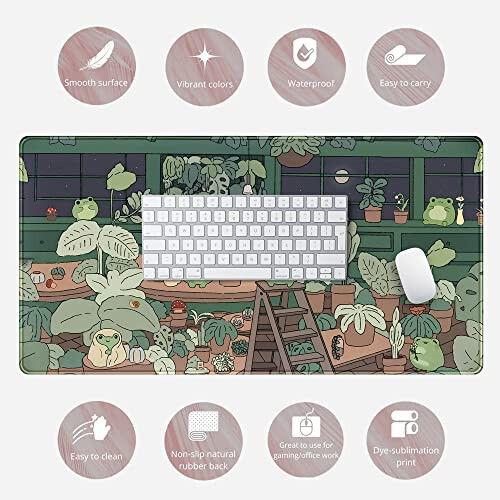 Cute Frog Kawaii Green Desk Decor Mat, Large Gaming Mouse Pad for Computer Keyboard Laptop, Home Office Accessories for Girl (31.5x15.7 in)-with Stitched Edges Pad - 6