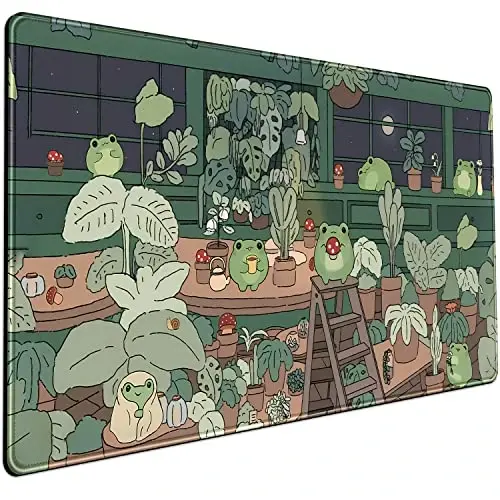 Cute Frog Mouse Pad Desk Pad Kawaii Green Desk Decor Mat, Large Gaming Mouse Pad for Desk Computer Keyboard Laptop, Home Office Accessories for Girl (31.5x15.7 in)-with Stitched Eges Pad - 1