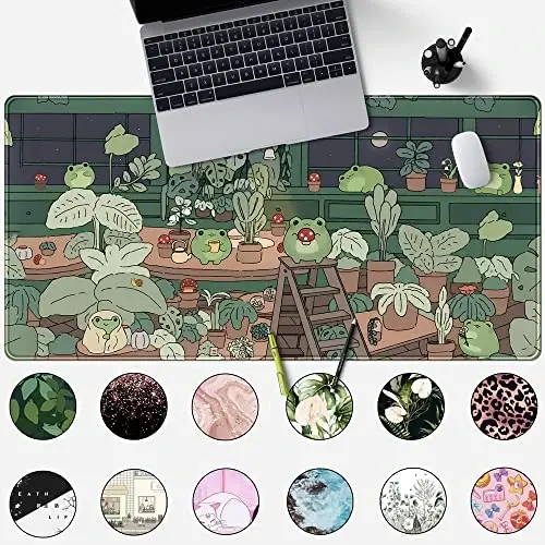 Cute Frog Mouse Pad Desk Pad Kawaii Green Desk Decor Mat, Large Gaming Mouse Pad for Desk Computer Keyboard Laptop, Home Office Accessories for Girl (31.5x15.7 in)-with Stitched Eges Pad - 2