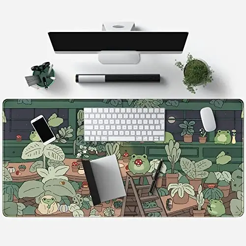 Cute Frog Mouse Pad Desk Pad Kawaii Green Desk Decor Mat, Large Gaming Mouse Pad for Desk Computer Keyboard Laptop, Home Office Accessories for Girl (31.5x15.7 in)-with Stitched Eges Pad - 4