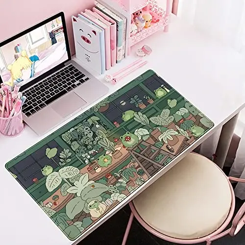 Cute Frog Mouse Pad Desk Pad Kawaii Green Desk Decor Mat, Large Gaming Mouse Pad for Desk Computer Keyboard Laptop, Home Office Accessories for Girl (31.5x15.7 in)-with Stitched Eges Pad - 5