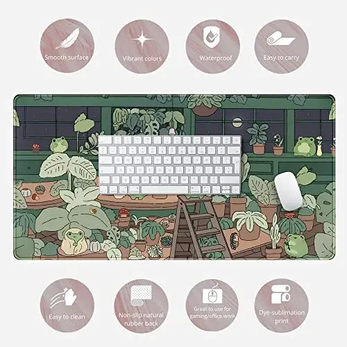 Cute Frog Mouse Pad Desk Pad Kawaii Green Desk Decor Mat, Large Gaming Mouse Pad for Desk Computer Keyboard Laptop, Home Office Accessories for Girl (31.5x15.7 in)-with Stitched Eges Pad - 6