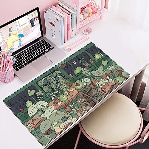 Cute Frog Kawaii Green Desk Decor Mat, Large Gaming Mouse Pad for Computer Keyboard Laptop, Home Office Accessories for Girl (31.5x15.7 in)-with Stitched Edges Pad - 5