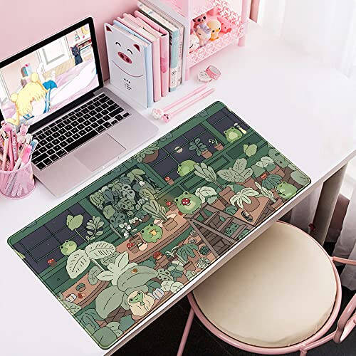 Cute Frog Kawaii Green Desk Decor Mat, Large Gaming Mouse Pad for Computer Keyboard Laptop, Home Office Accessories for Girl (31.5x15.7 in)-with Stitched Edges Pad - 5