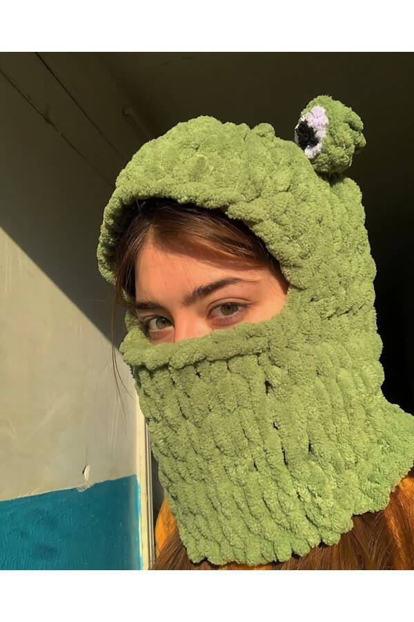 Sevimli Kurbağa Puffy Bere , Kar Maskesi, Tasarım, El Yapımı,balaclavaa - Kurbağa - 3