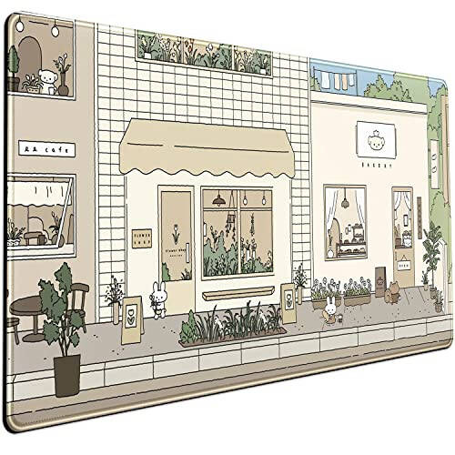 Cute Desk Mat Kawaii Mousepad Bunny and Bear Cute Anime Japanese Street Pastel Beige Brown and Green Mouse Pad, Extra Large Deskmat Cut Laptop Pad - 1