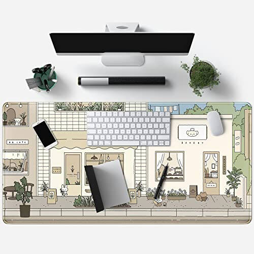 Cute Desk Mat Kawaii Mousepad Bunny and Bear Cute Anime Japanese Street Pastel Beige Brown and Green Mouse Pad, Extra Large Deskmat Cut Laptop Pad - 4