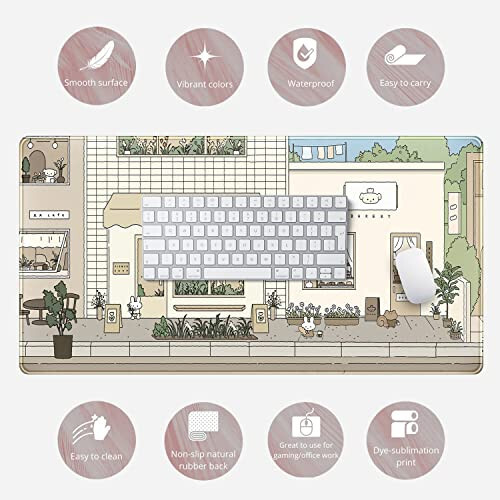 Cute Desk Mat Kawaii Mousepad Bunny and Bear Cute Anime Japanese Street Pastel Beige Brown and Green Mouse Pad, Extra Large Deskmat Cut Laptop Pad - 6