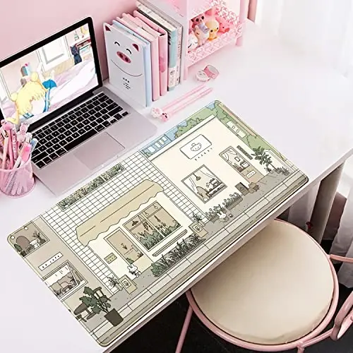 Cute Desk Mat Kawaii Mousepad Bunny and Bear Cute Anime Japanese Street Pastel Beige Brown and Green Mouse Pad, Extra Large Deskmat Cut Laptop Pad - 1
