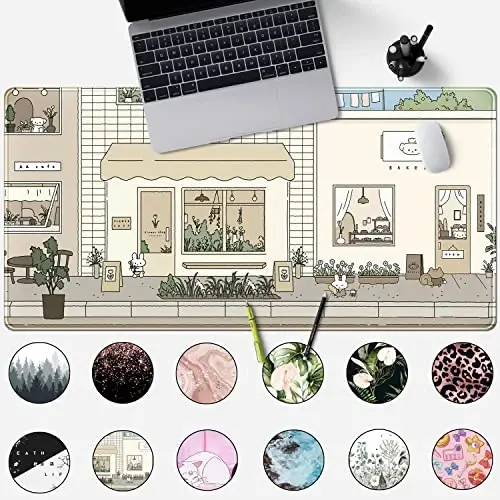 Cute Desk Mat Kawaii Mousepad Bunny and Bear Cute Anime Japanese Street Pastel Beige Brown and Green Mouse Pad, Extra Large Deskmat Cut Laptop Pad - 4