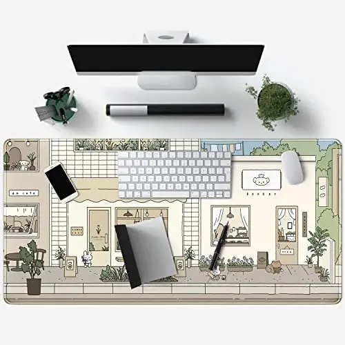 Cute Desk Mat Kawaii Mousepad Bunny and Bear Cute Anime Japanese Street Pastel Beige Brown and Green Mouse Pad, Extra Large Deskmat Cut Laptop Pad - 6
