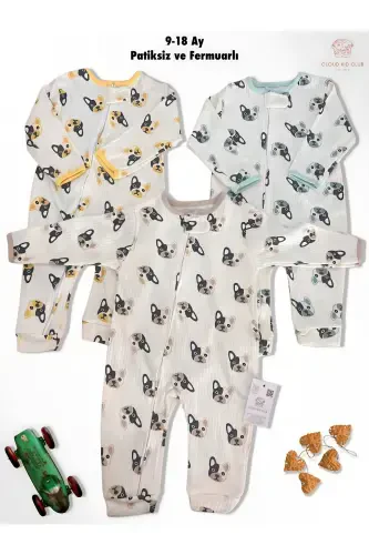 Sevimli Pati %100 Tabiiy Paxta 3talik Bolalar Kombinezoni 0-18 Oy (UNISEX)-oq rangli - 1