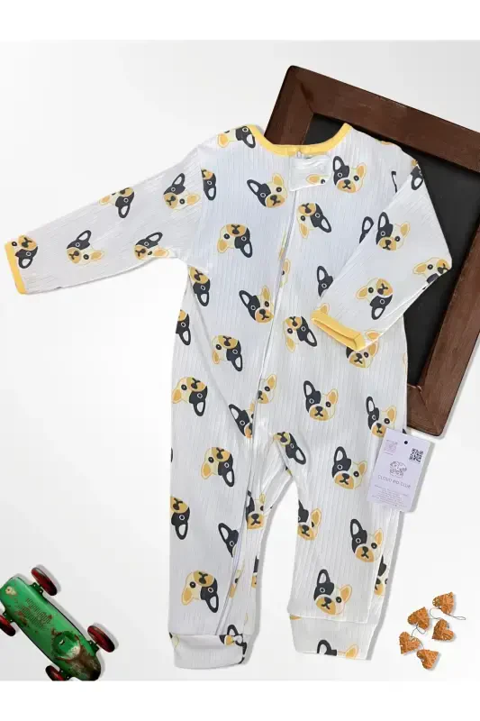 Sevimli Pati %100 Tabiiy Paxta 3talik Bolalar Kombinezoni 0-18 Oy (UNISEX)-oq rangli - 2