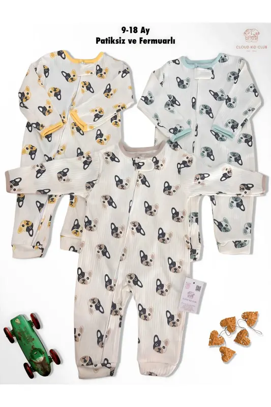 Sevimli Pati %100 Tabiiy Paxta 3talik Bolalar Kombinezoni 0-18 Oy (UNISEX)-oq rangli - CLOUDKIDCLUB