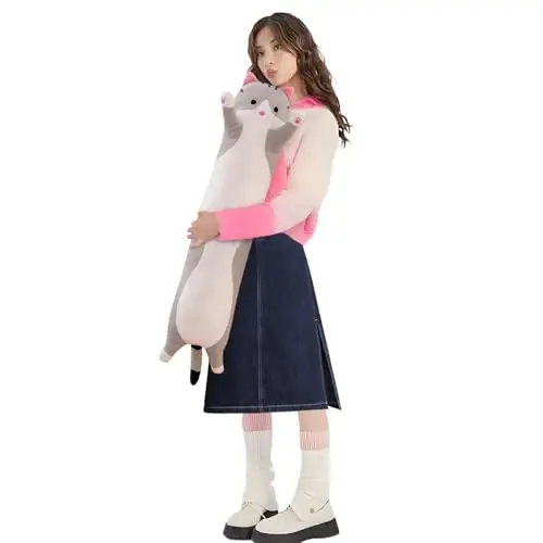 Lovely Plush Cat Doll Cute Cartoon Soft Stuffed Kitten Long Throw Sleeping Pillow Toy Gift for Kids Girlfriend Multiple Size (Grey,90cm/35.4in) - 1