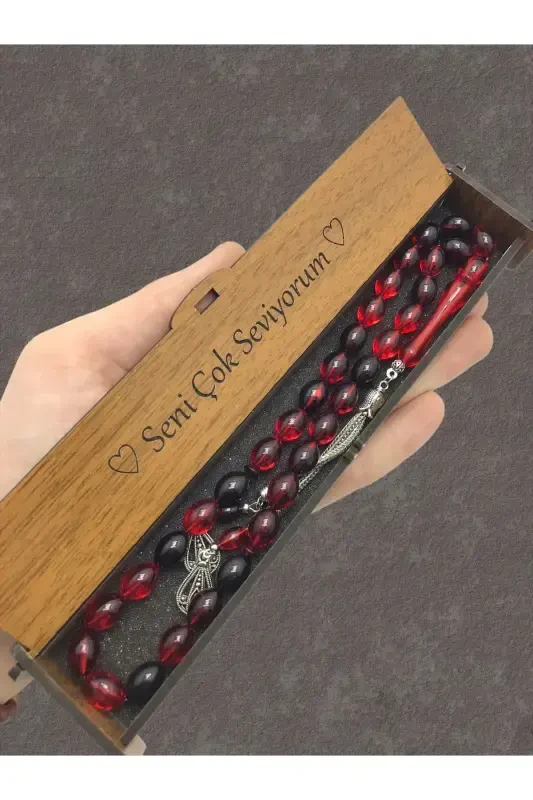 Sevishganlar kuni sovg'asi, qizil qora xolli yog'och qutuli tasbeh-qizil qora - KANUNİ TESBİH