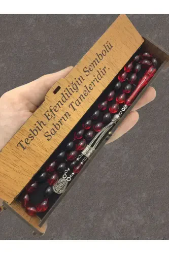 Sevishganlar kuni tasbehi, qizil qora yoʻlli yogʻoch qutidagi tasbeh-qizil qora - 1