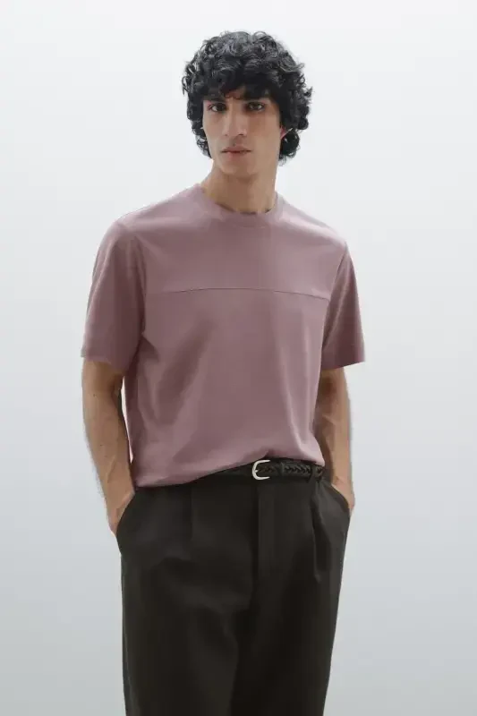 Sewing detailed %100 cotton t-shirt-PURPLE - 1