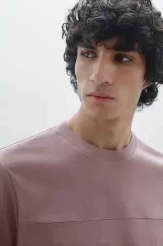 Sewing detailed %100 cotton t-shirt-PURPLE - 3