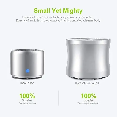 Travel Case Packed, Wireless Mini Bluetooth Speaker with Custom Bass Radiator. EWA A106, Small But Loud, The Next Generation of Portable Speakers for Home, Outdoors, Shower (Silver)1.89* 1.57 inches - 6