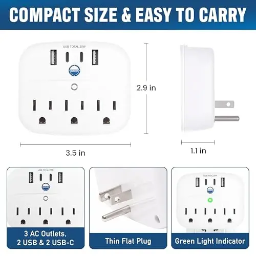 Cruise Approved Non Surge Power Strip [2 USBC, 2 USB, 3 AC] - Cruise Essentials for Carnival, Celebrity, Princess, Norwegian, MSC & Major Cruise Lines - 3