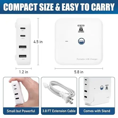Cruise Approved Power Strip (incl Royal Caribbean, Disney, MSC, Celebrity) - Non Surge USB Charger [2 USB, 2 USB-C] 4 Port Charging, 3.8ft Cord for iPhone, iPad, Laptops, More - Cruise Ship Essentials - 5