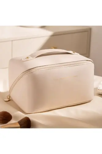 Seyahat Kozmetik Taşıma Çantası Su Geçirmez Deri Makyaj Malzeme Düzenleyici Çanta-BEJ - 1