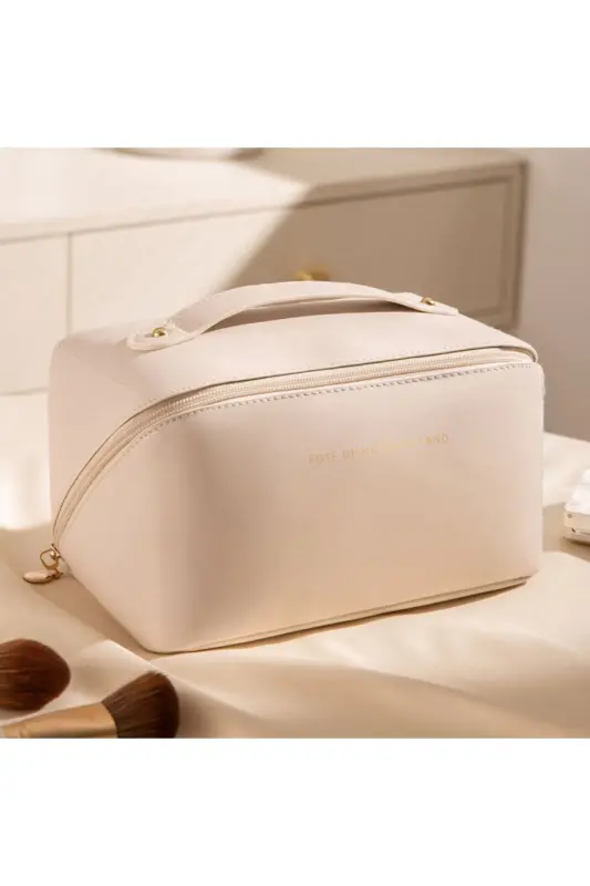 Seyahat Kozmetik Taşıma Çantası Su Geçirmez Deri Makyaj Malzeme Düzenleyici Çanta-BEJ - 1