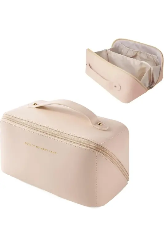 Seyahat Kozmetik Taşıma Çantası Su Geçirmez Deri Makyaj Malzeme Düzenleyici Çanta-BEJ - 3