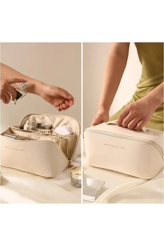 Seyahat Kozmetik Taşıma Çantası Su Geçirmez Deri Makyaj Malzeme Düzenleyici Çanta-BEJ - 2