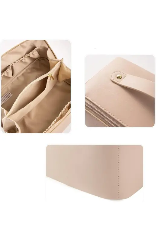 Seyahat Kozmetik Taşıma Çantası Su Geçirmez Deri Makyaj Malzeme Düzenleyici Çanta-BEJ - 5