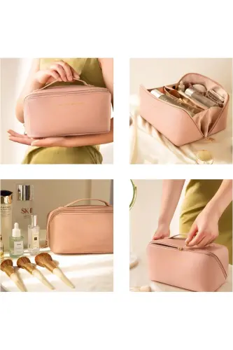 Seyahat Kozmetik Taşıma Çantası Su Geçirmez Deri Makyaj Malzeme Düzenleyici Çanta-PEMBE - DEKOHOP (1)