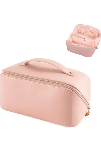 Seyahat Kozmetik Taşıma Çantası Su Geçirmez Deri Makyaj Malzeme Düzenleyici Çanta-PEMBE - 4
