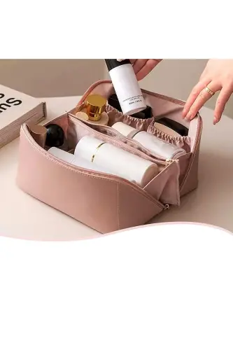 Seyahat Kozmetik Taşıma Çantası Su Geçirmez Deri Makyaj Malzeme Düzenleyici Çanta-PEMBE - 3