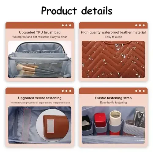 Travel Makeup Bags Cosmetic Organizer Bag: Quilted Make up Bag Set of 3 - PU Leather Toiletry Bags for Women - Portable Makeup Organizer with Compartments & Handle & Divider(14 Brown) - 4