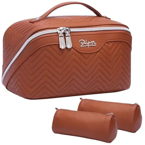 Travel Makeup Bags Cosmetic Organizer Bag: Quilted Make up Bag Set of 3 - PU Leather Toiletry Bags for Women - Portable Makeup Organizer with Compartments & Handle & Divider(14 Brown) - 1