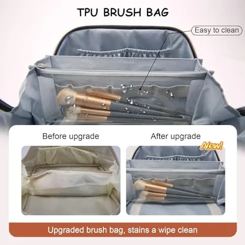 Travel Makeup Bags Cosmetic Organizer Bag: Quilted Make up Bag Set of 3 - PU Leather Toiletry Bags for Women - Portable Makeup Organizer with Compartments & Handle & Divider(14 Brown) - 5
