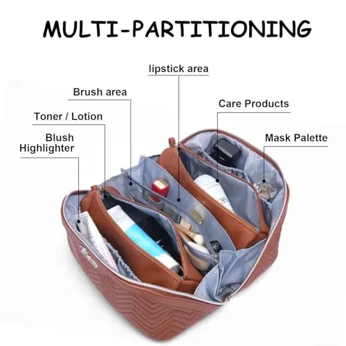 Travel Makeup Bags Cosmetic Organizer Bag: Quilted Make up Bag Set of 3 - PU Leather Toiletry Bags for Women - Portable Makeup Organizer with Compartments & Handle & Divider(14 Brown) - 6